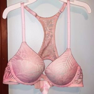 Pink push-up lace racerback bra